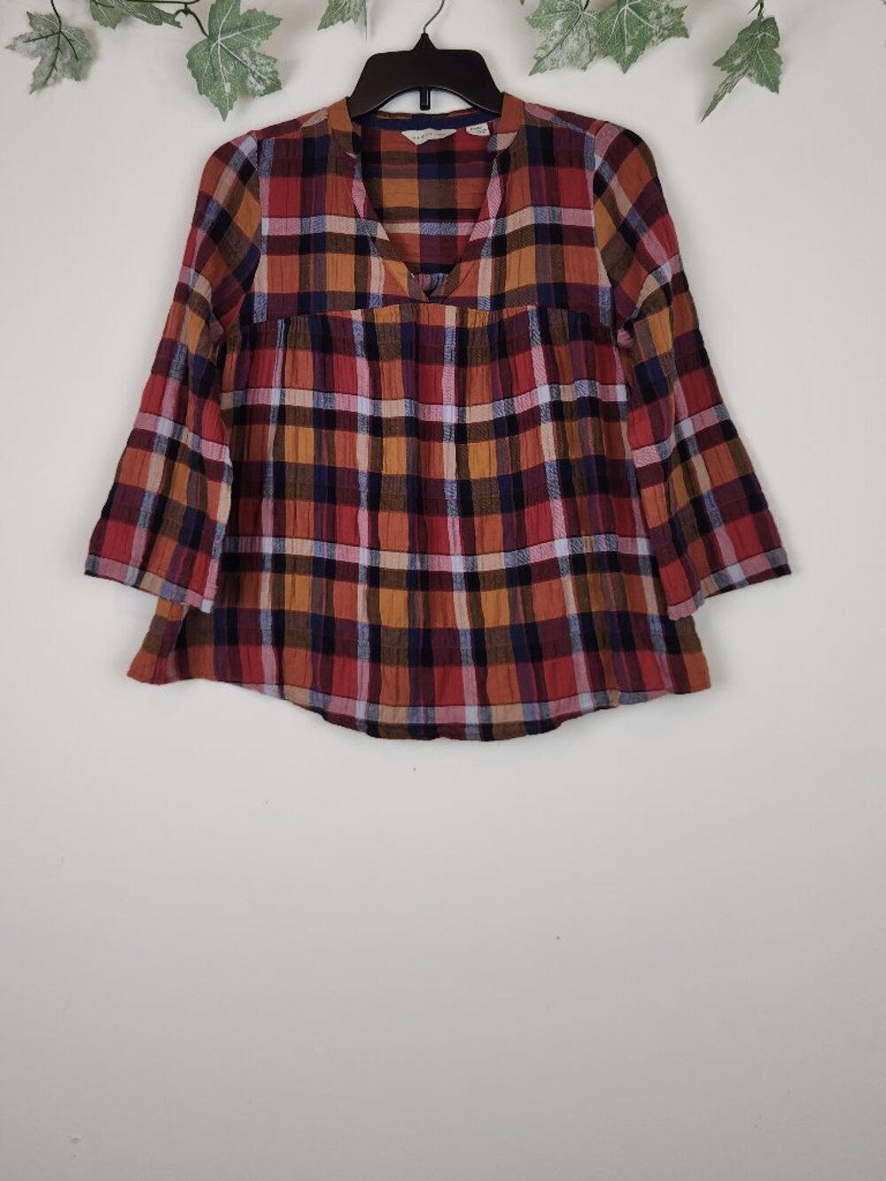 Anthropologie 11.1. Tylho Size XS Plaid 3/4 Sleeve V-neck Cotton Top Blouse